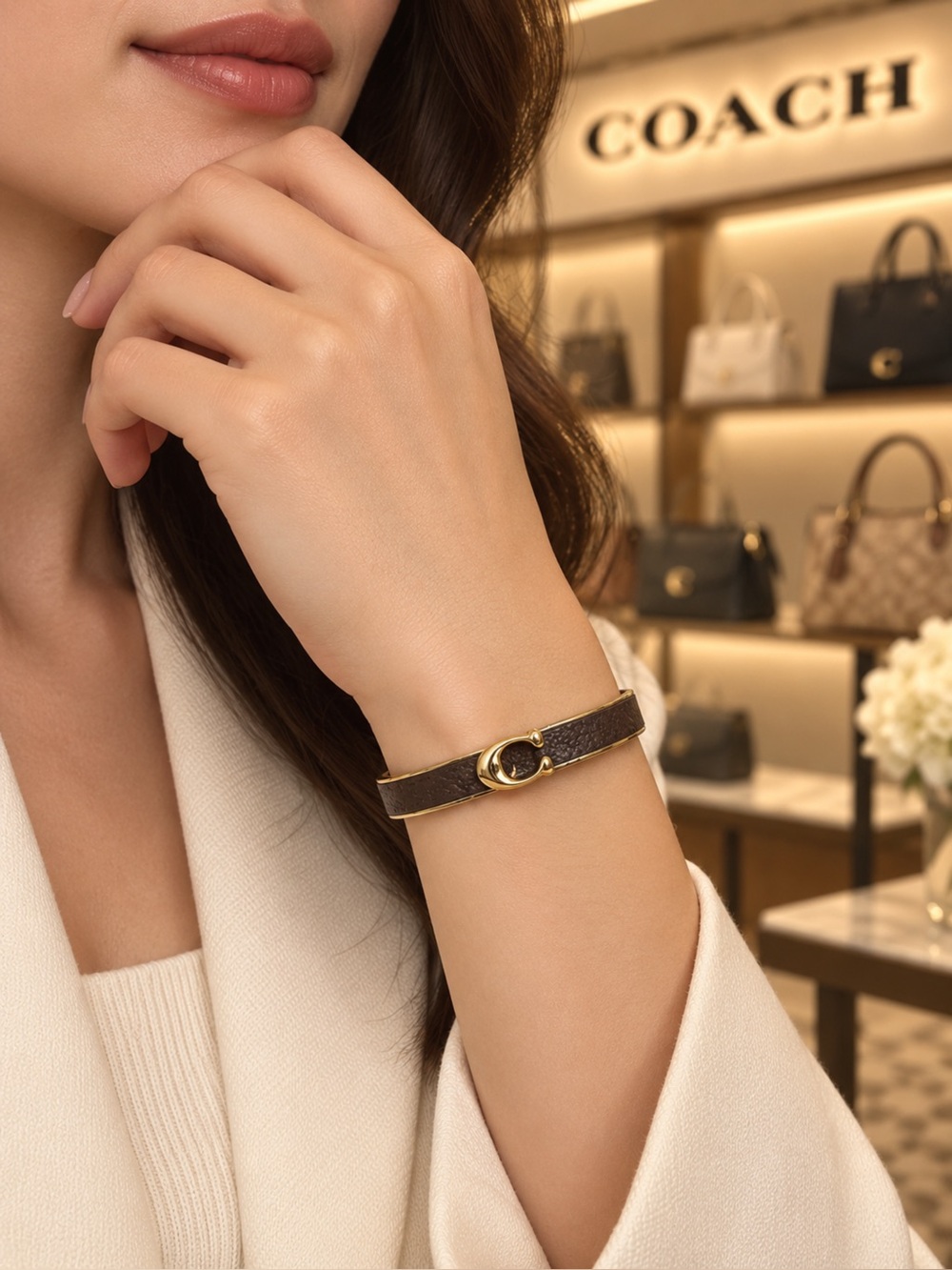 Coach Brown Leather Bracelet with Gold C Accent